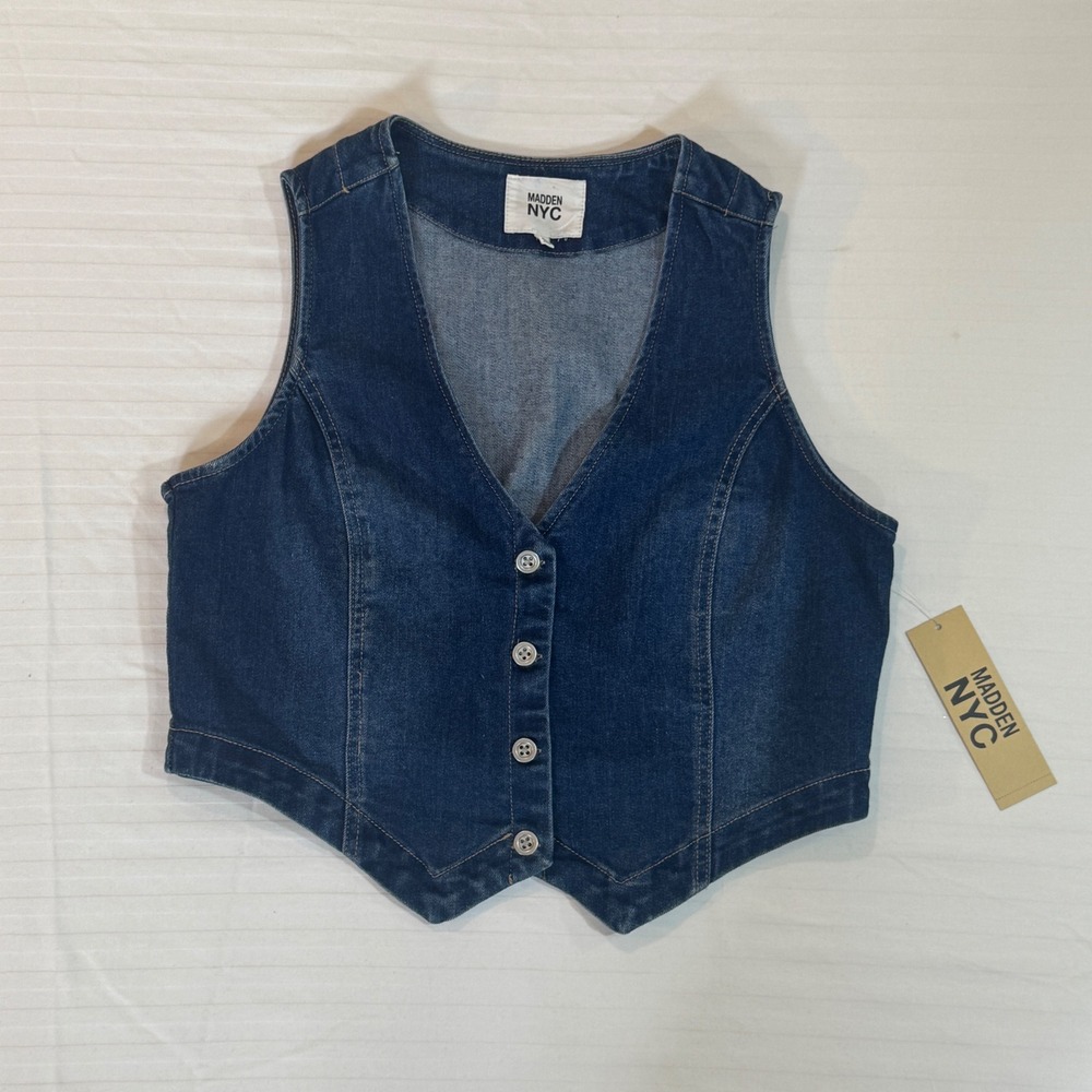 Denim Button Front Vest Y2K Western Indie Boho Fitted Waistcoat L - Picture 3 of 7